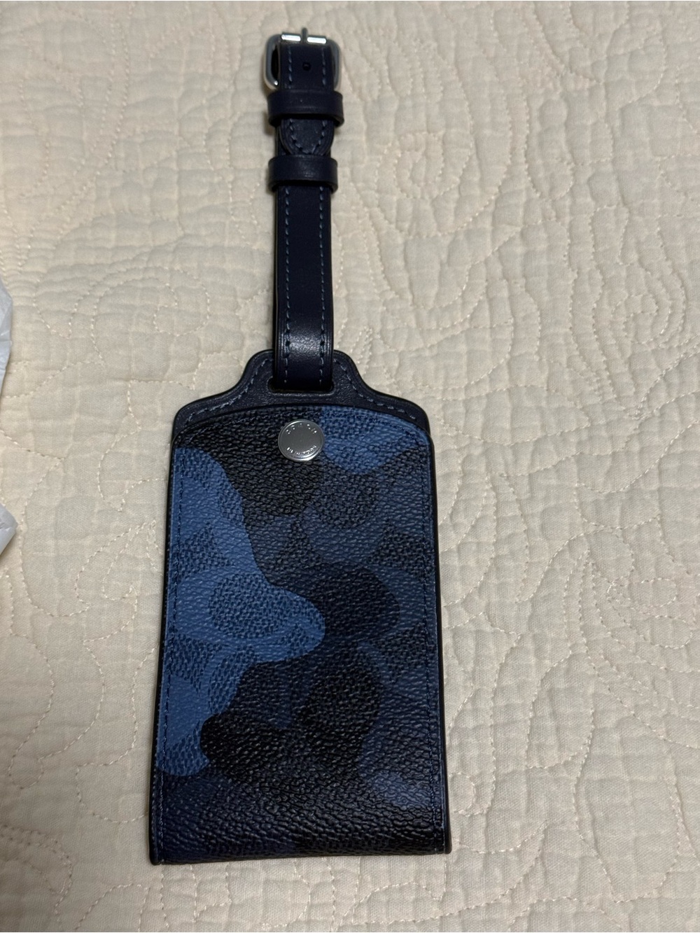Coach Unisex Black and Blue Camouflage Leather Luggage Tag! NWT